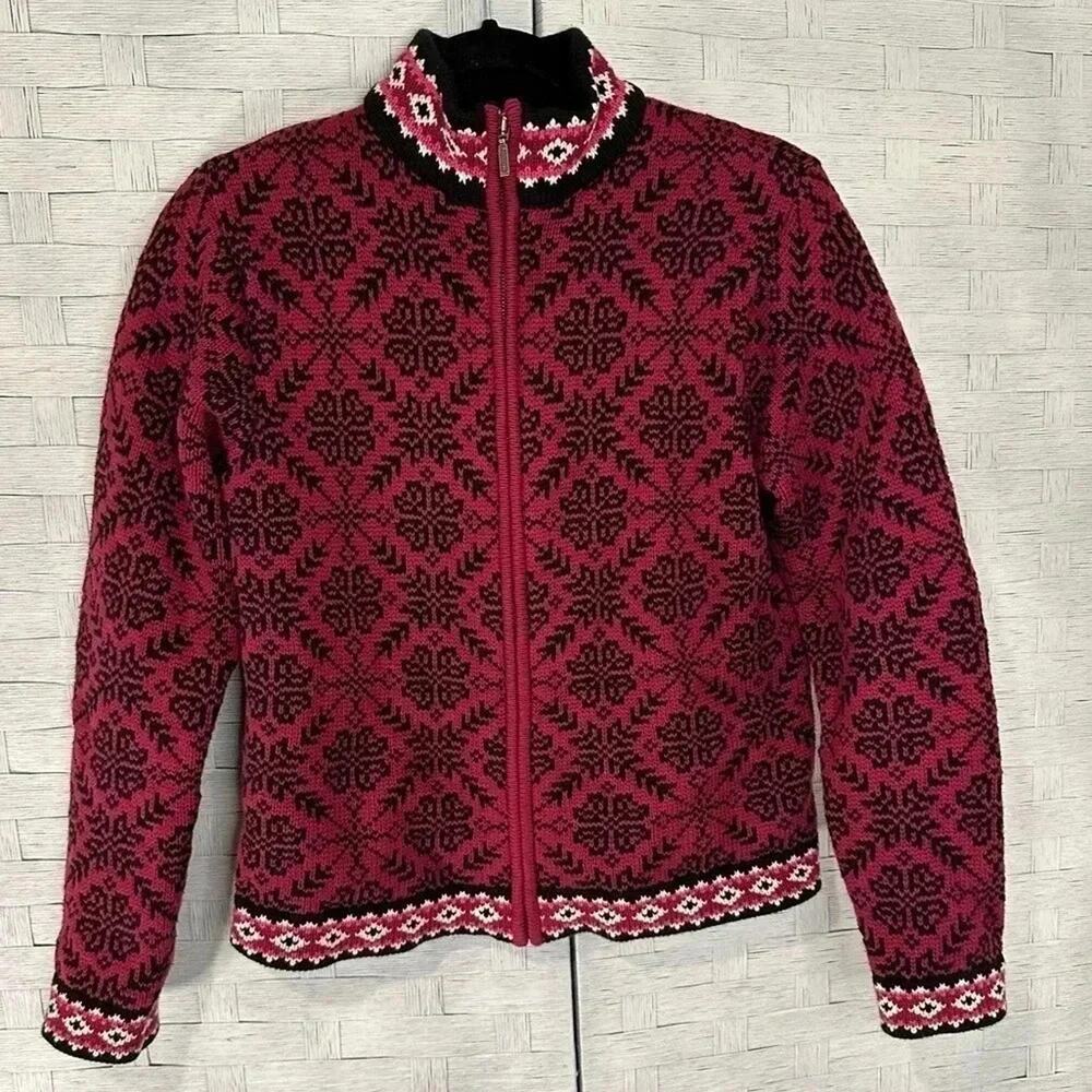 vintage L.L.BEAN dark, pink and black, zip up cardigan, 100% Cotton Sweater Sz L